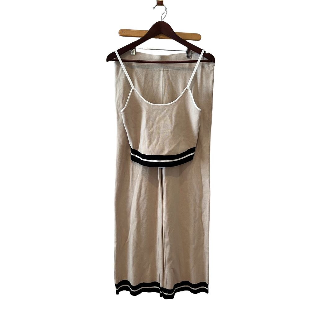 House of Harlow 1960 Wide Leg Knit Pants & Crop Top Set Beige Black L